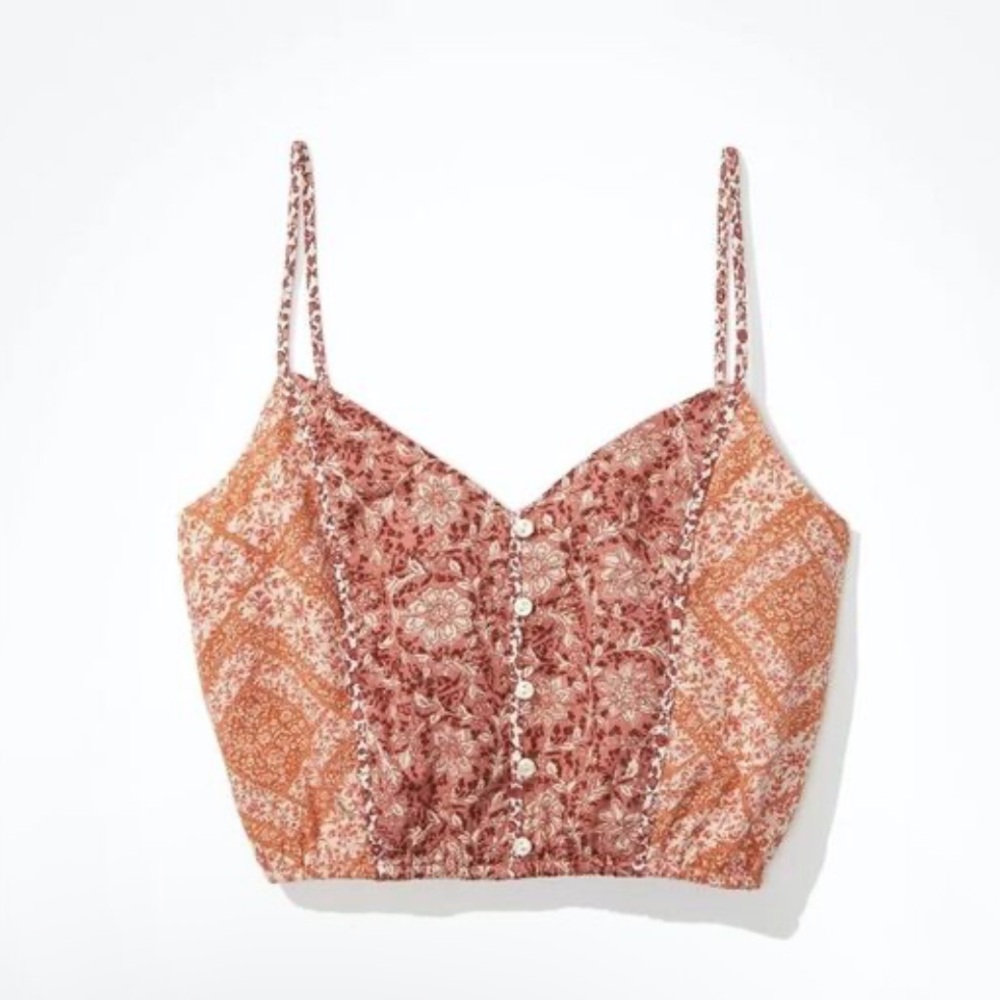 American Eagle floral paisley cotton linen crop tank top